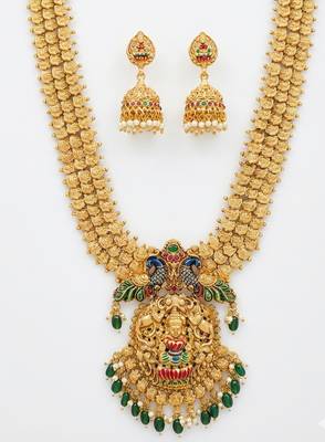 Antique gold temple jewelry set: lakshmi peacock long haram & jhumkas | traditional bridal ethnic wear 2