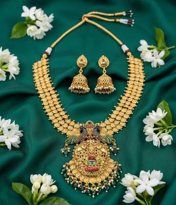 Antique gold temple jewelry set: lakshmi peacock long haram & jhumkas | traditional bridal ethnic wear 3
