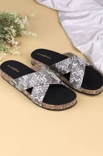 Women   s printed cross-strap cork flat slides