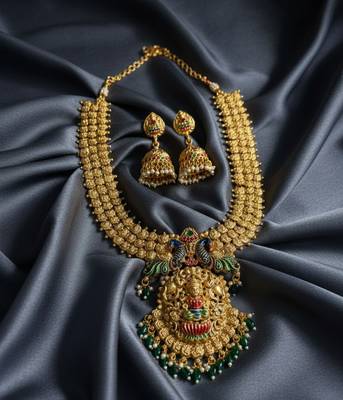 Antique gold temple jewelry set: lakshmi peacock long haram & jhumkas | traditional bridal ethnic wear 4