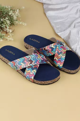 Women’s printed cross-strap cork flat slides