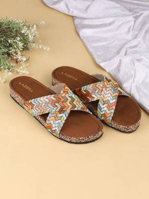 Women   s printed cross-strap cork flat slides 2