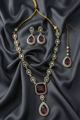 Handcrafted kundan necklace set | gold plated ethnic bridal jewelry with maang tikka