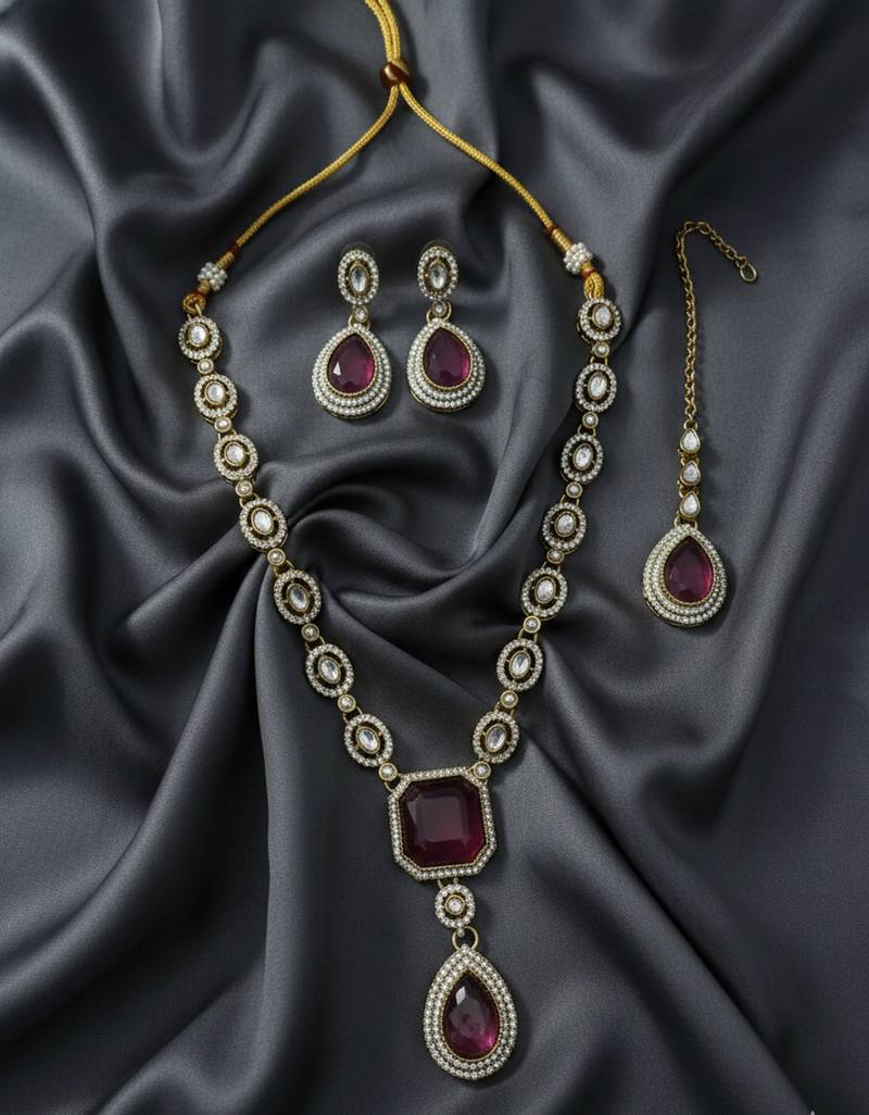 Handcrafted kundan necklace set | gold plated ethnic bridal jewelry with maang tikka