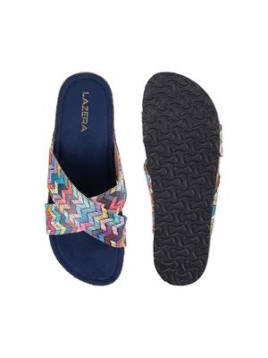 Women   s printed cross-strap cork flat slides 4