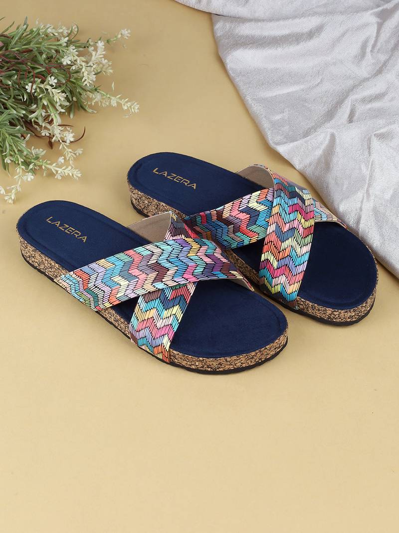 Women’s printed cross-strap cork flat slides