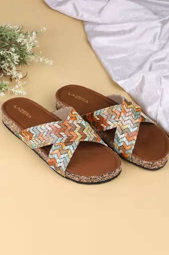 Women   s printed cross-strap cork flat slides
