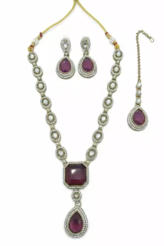 Handcrafted kundan Necklace :: set | gold plated ethnic bridal jewelry with maang tikka