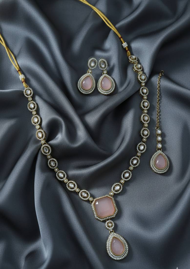 Handcrafted kundan necklace set | gold plated ethnic bridal jewelry with maang tikka