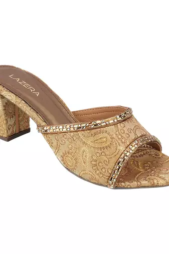Women's brocade block heel slip-on sandals