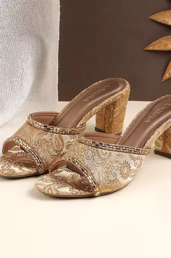 Women's brocade block heel slip-on sandals
