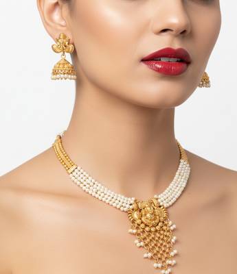 Traditional gold-plated lord ganesha pearl choker necklace set with jhumka earrings – handcrafted ethnic bridal jewelry 2