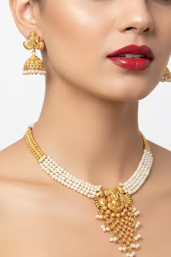 Traditional gold-plated lord ganesha pearl choker necklace set with jhumka earrings – handcrafted ethnic bridal jewelry
