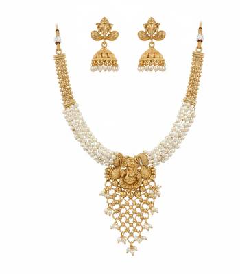 Traditional gold-plated lord ganesha pearl choker necklace set with jhumka earrings – handcrafted ethnic bridal jewelry 3