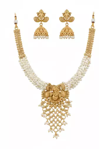 Traditional gold-plated lord ganesha pearl choker necklace set with jhumka earrings – handcrafted ethnic bridal jewelry