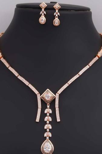 Rose gold american diamond necklace set | elegant cz crystal wedding & party wear jewellery | designer gift for her