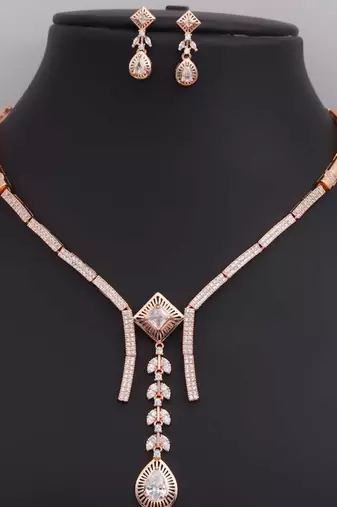 Rose gold american diamond necklace set | elegant cz crystal wedding & party wear jewellery | designer gift for her