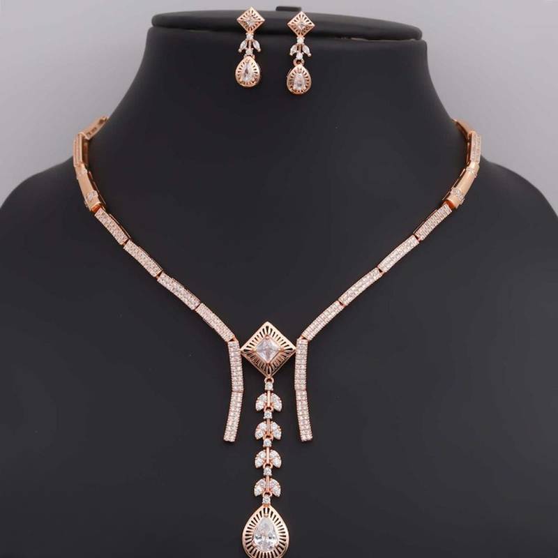 Rose gold american diamond necklace set | elegant cz crystal wedding & party wear jewellery | designer gift for her