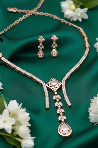 Rose gold american diamond Necklace :: set | elegant cz crystal wedding & party wear jewellery | designer gift for her