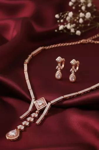 Rose gold american diamond Necklace :: set | elegant cz crystal wedding & party wear jewellery | designer gift for her