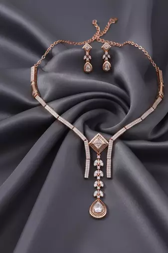 Rose gold american diamond Necklace :: set | elegant cz crystal wedding & party wear jewellery | designer gift for her