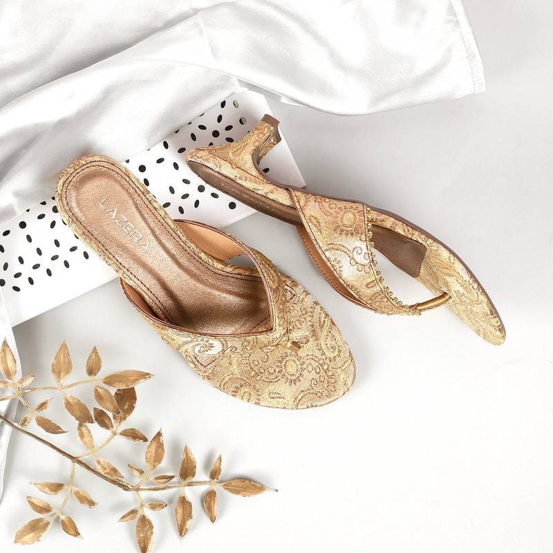 Festive brocade toe ring kitten heels