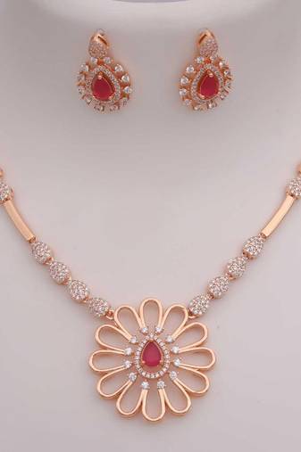 Rose gold american diamond necklace set | elegant cz crystal wedding & party wear jewellery | designer gift for her