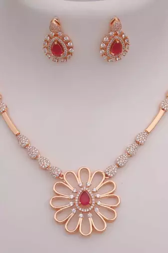 Rose gold american diamond necklace set | elegant cz crystal wedding & party wear jewellery | designer gift for her
