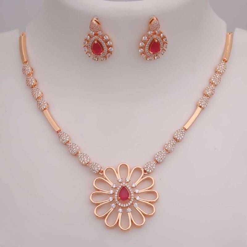 Rose gold american diamond necklace set | elegant cz crystal wedding & party wear jewellery | designer gift for her