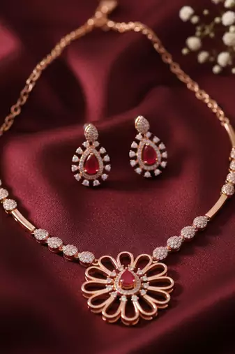Rose gold american diamond Necklace :: set | elegant cz crystal wedding & party wear jewellery | designer gift for her
