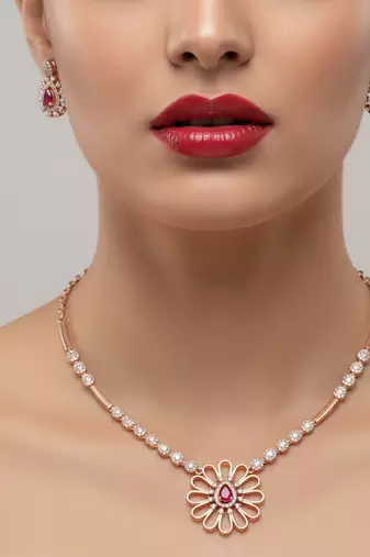 Rose gold american diamond Necklace :: set | elegant cz crystal wedding & party wear jewellery | designer gift for her