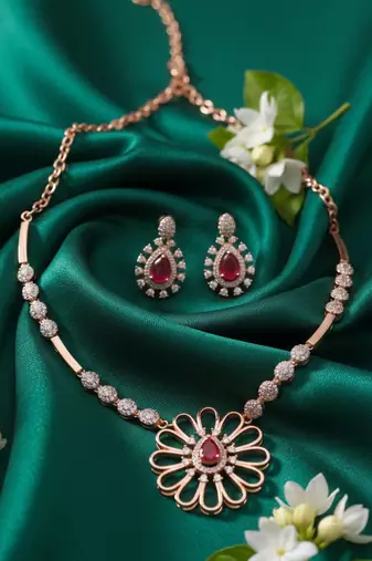 Rose gold american diamond Necklace :: set | elegant cz crystal wedding & party wear jewellery | designer gift for her