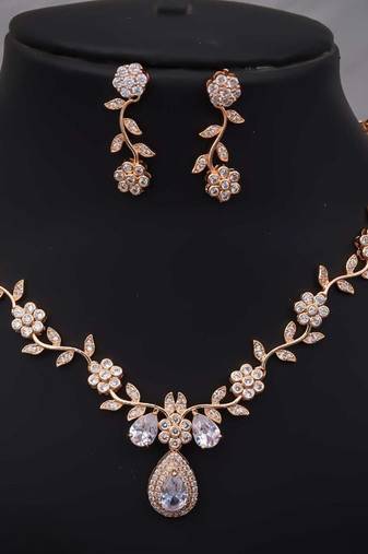 Rose gold american diamond necklace set | elegant cz crystal wedding & party wear jewellery | designer gift for her