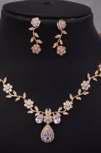 Rose gold american diamond necklace set | elegant cz crystal wedding & party wear jewellery | designer gift for her