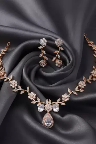 Rose gold american diamond Necklace :: set | elegant cz crystal wedding & party wear jewellery | designer gift for her