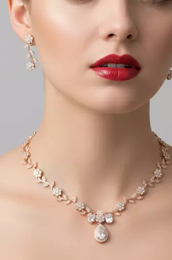 Rose gold american diamond Necklace :: set | elegant cz crystal wedding & party wear jewellery | designer gift for her