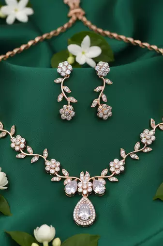Rose gold american diamond Necklace :: set | elegant cz crystal wedding & party wear jewellery | designer gift for her