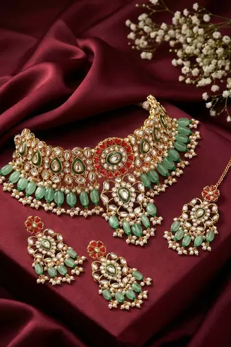 Elegant kundan & meenakari choker set - traditional green & red bridal jewelry with maang tikka