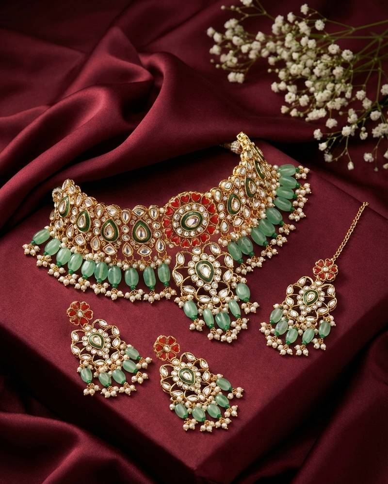 Elegant kundan & meenakari choker set - traditional green & red bridal jewelry with maang tikka