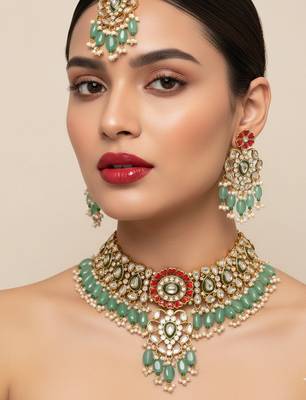 Elegant kundan & meenakari choker set - traditional green & red bridal jewelry with maang tikka 3