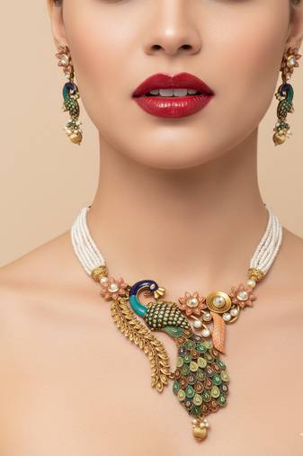 Antique peacock handcrafted pearl necklace set - traditional ethnic jewelry for weddings & festivals