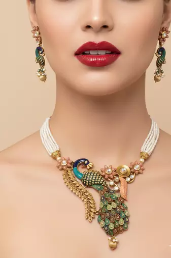Antique peacock handcrafted pearl necklace set - traditional ethnic jewelry for weddings & festivals
