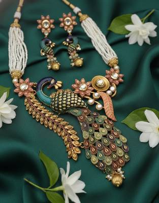 Antique peacock handcrafted pearl Necklace :: set - traditional ethnic jewelry for weddings & festivals 2