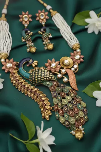Antique peacock handcrafted pearl Necklace :: set - traditional ethnic jewelry for weddings & festivals