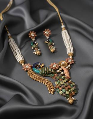 Antique peacock handcrafted pearl Necklace :: set - traditional ethnic jewelry for weddings & festivals 3
