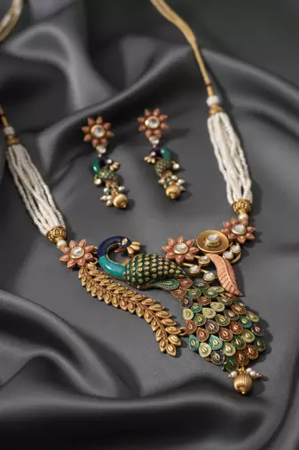 Antique peacock handcrafted pearl Necklace :: set - traditional ethnic jewelry for weddings & festivals
