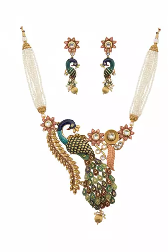 Antique peacock handcrafted pearl Necklace :: set - traditional ethnic jewelry for weddings & festivals