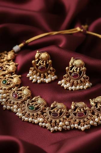 Antique gold plated temple choker set – ruby emerald elephant motif necklace with pearls for wedding & festivals