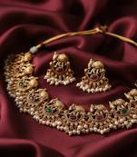 Antique gold plated temple choker set – ruby emerald elephant motif necklace with pearls for wedding & festivals