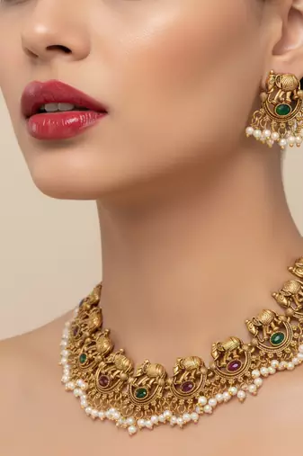Antique gold plated temple choker set     ruby emerald elephant motif Necklace :: with pearls for wedding & festivals